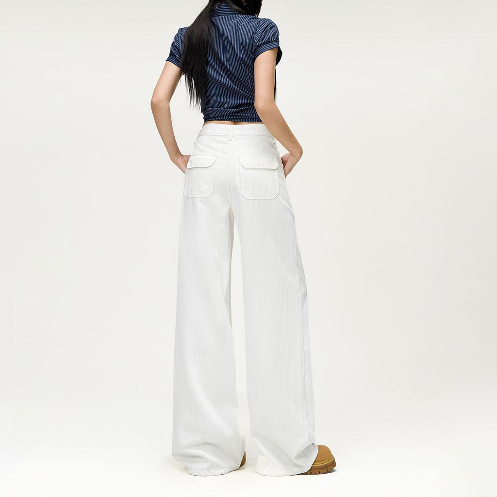 Spring Summer Lyocell Tencel Cotton Thin Drape Relaxed Pocket Floor Wide Leg Denim Pants For Ladies Casual Pants Oversize Denim Trousers
