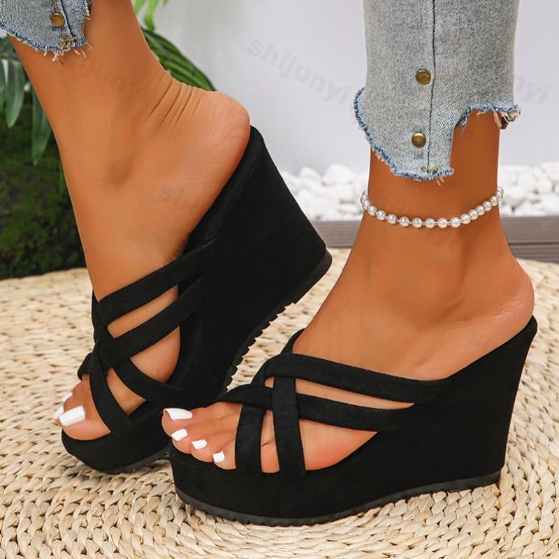 Fashion 2025 Summer New Women's Open Toes Fashion Wedge Heel Thick Soled Sandals Breathable Comfortable Cross Strap Beach Cool Slippers