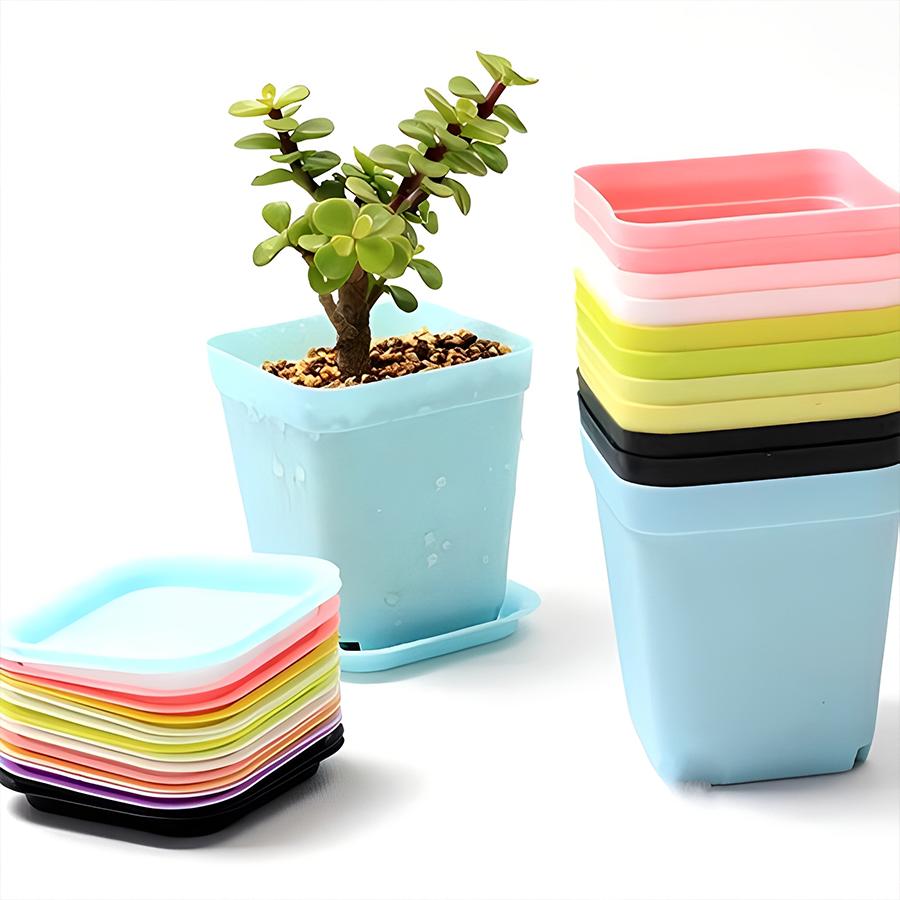 6/12pcs Colorful Square Flower Pot with Tray Offices Indoor Outdoor Decor Flower Beds Garden Nurseries Plastic Flowerpot XJM