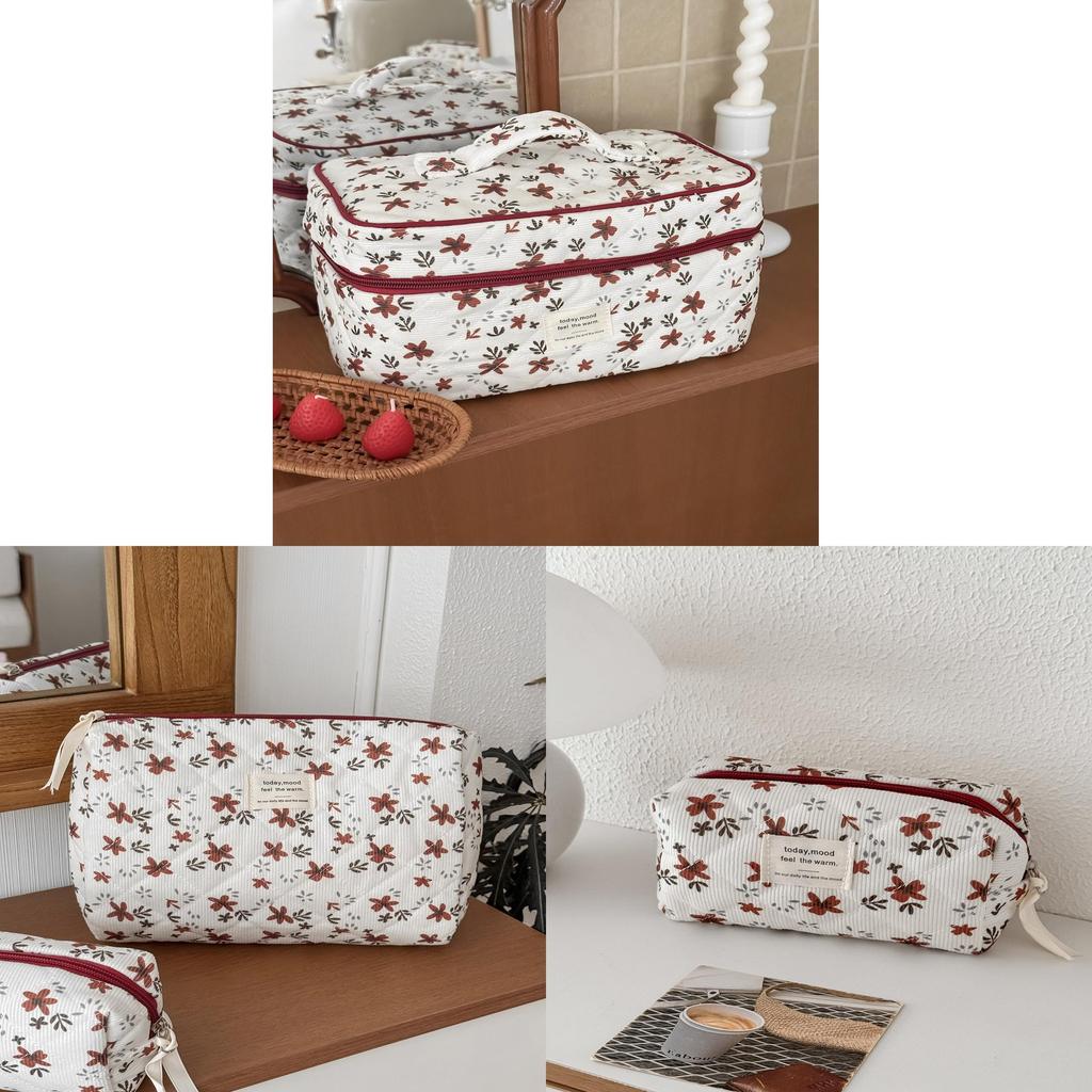 Borsa da Trucco Floreale in Velluto a Coste ad Alta Capacità per Viaggi Quotidiani e Conservazione