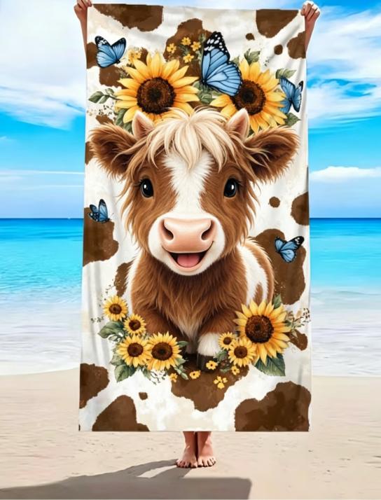 Highland Cow Beach Towel, Microfiber Large Sand Free Quick Dry Sunflower Butterfly Farm Animal Design Soft Absorbent Beach Towel