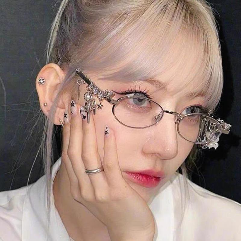 Mode Diamant Kleiner Rahmen Elliptische Brille Frau für Frauen Metall Blaulichtfilterbrille Japanische Retro Y2K Brille