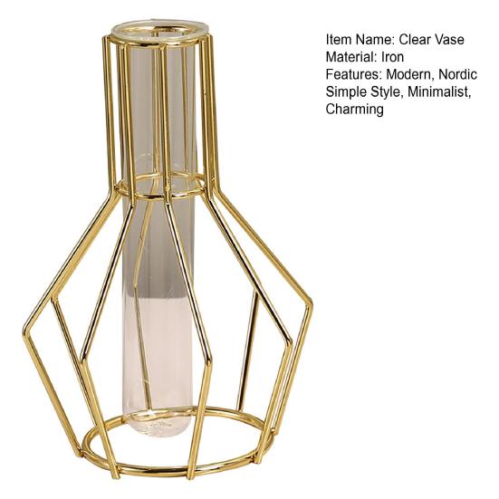Vase en Verre Transparent Simple Nordique avec Cadre en Fer pour Planteur Hydroponique Tube à Essai Transparent Pot Vase à Fleurs Métallique Décoratif