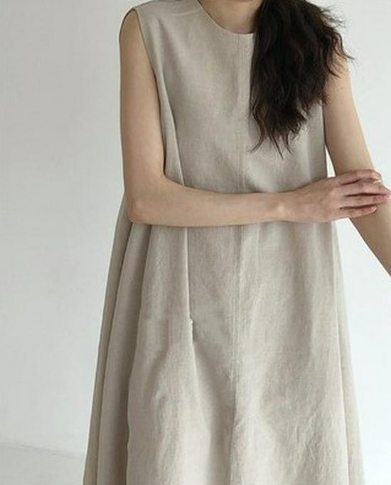 Korean Chic Sleeveless Pumpkin Cotton Linen Dress