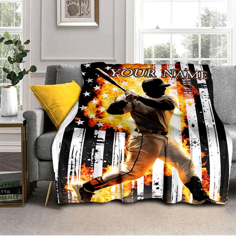 1PC Custom Name Baseball Power Pose Flannel Blanket Versatile, All-season Throw Suitable for the Living Room, Bedroom, Camping, Travel, and Gift
