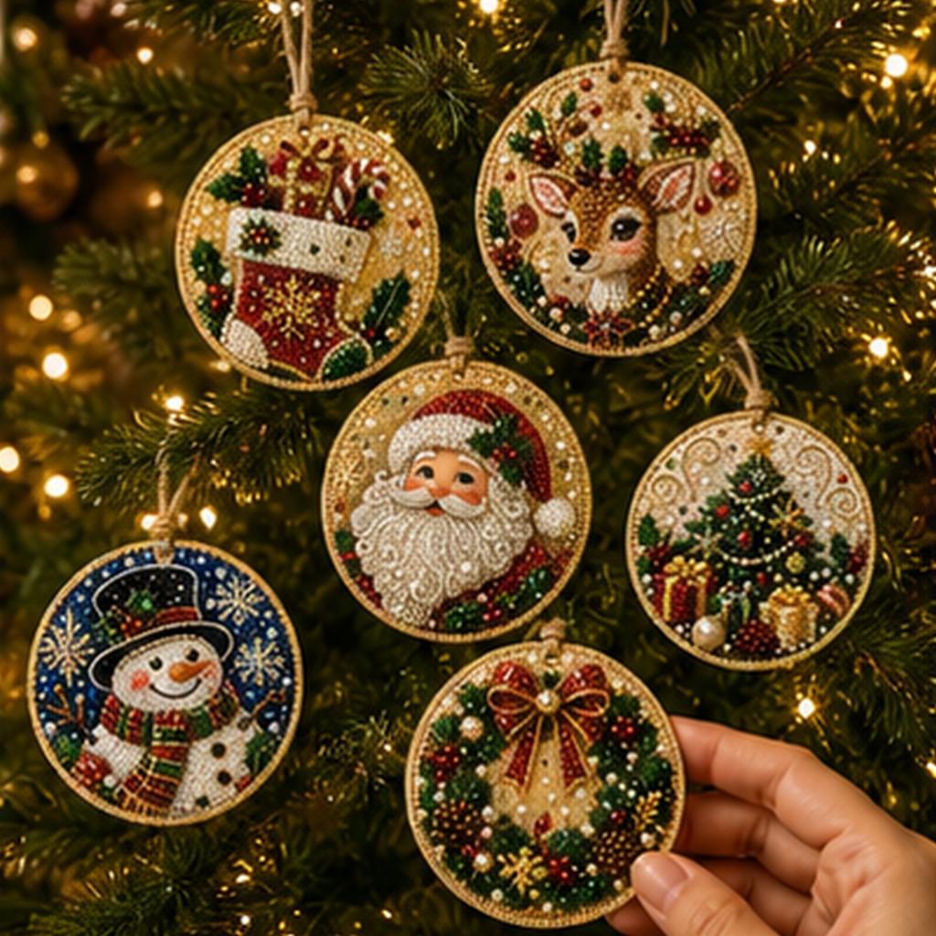 6 Stück Holz-Weihnachtsdekorationen DIY Perlenkunst-Set mit Perlen - Speziell geformte Edelsteine Jute Hanfseil zum Aufhängen - 3D Diamantkunst Feiertagsbaum