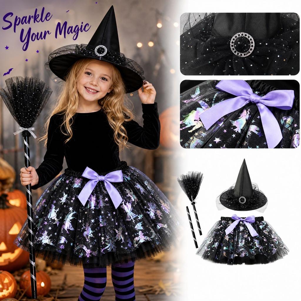 Girls' Witch Halloween Costume Set with Pumpkin Skirt, Hat and - 3 Piece Dress