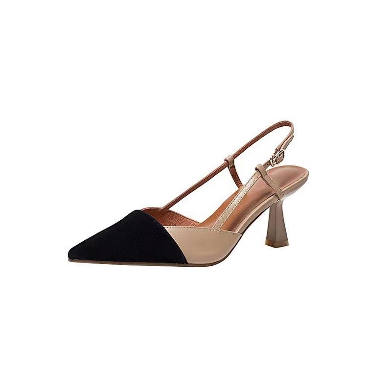 2025 New Women's Shoes Versatile Nude French Pointed High Heels with Thick Heel Single Shoes Bag Head Empty Sandals