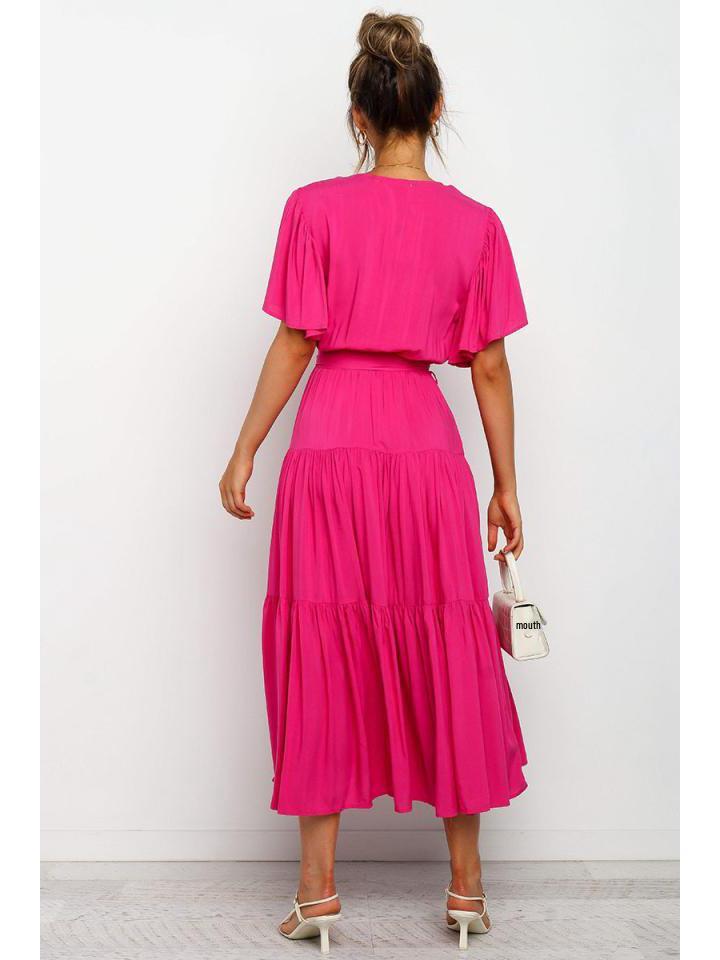 Bohemian V-neck Print Short Sleeve Waist-Cinching Long Dress Available