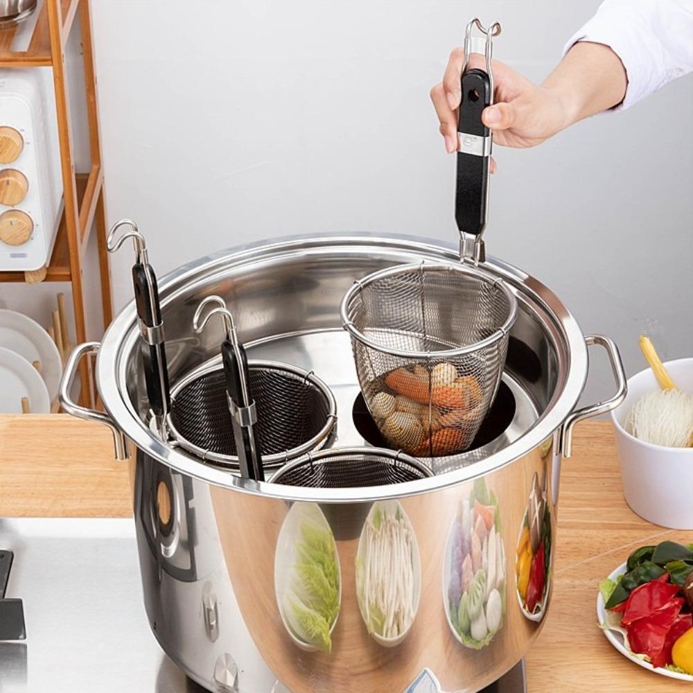 Stainless Steel Noodle Funnel Thickened Multifunctional Pasta Basket Strainer Wooden Handle Noodle Dumplings Mesh Basket