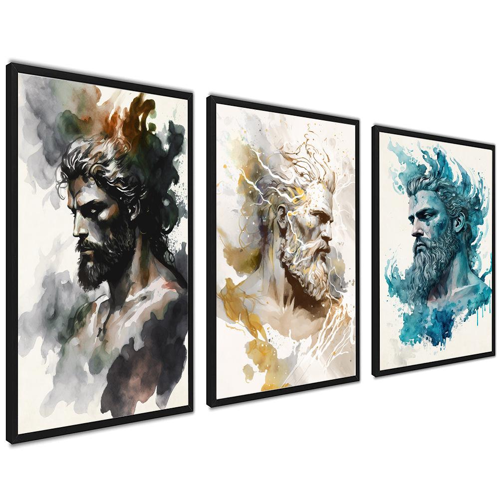 Set of 3 Prints Greek Gods Zeus Hades Poseidon Odin Thor Mythology Poster Abstract Neutral Watercolor Graffiti Canvas Painting Wall Art Home Decor