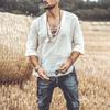 Men's Casual Cotton Linen Shirt Half Sleeve V Neck Lace Up Tee Shirts Bohemian Vintage Beach Summer Top