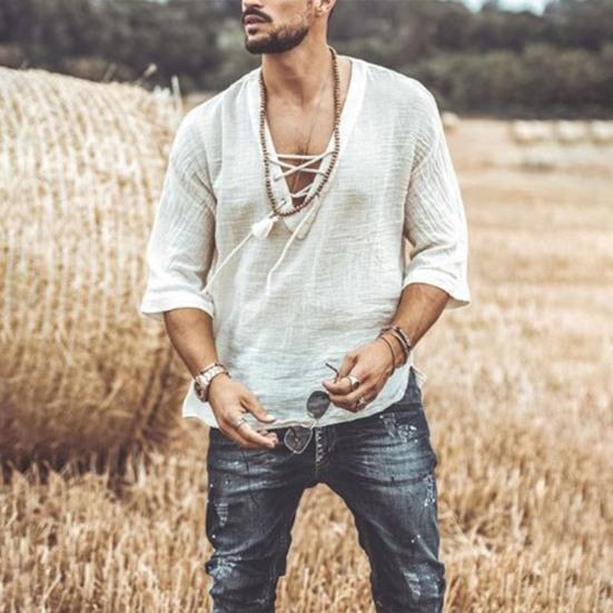 Men's Casual Cotton Linen Shirt Half Sleeve V Neck Lace Up Tee Shirts Bohemian Vintage Beach Summer Top