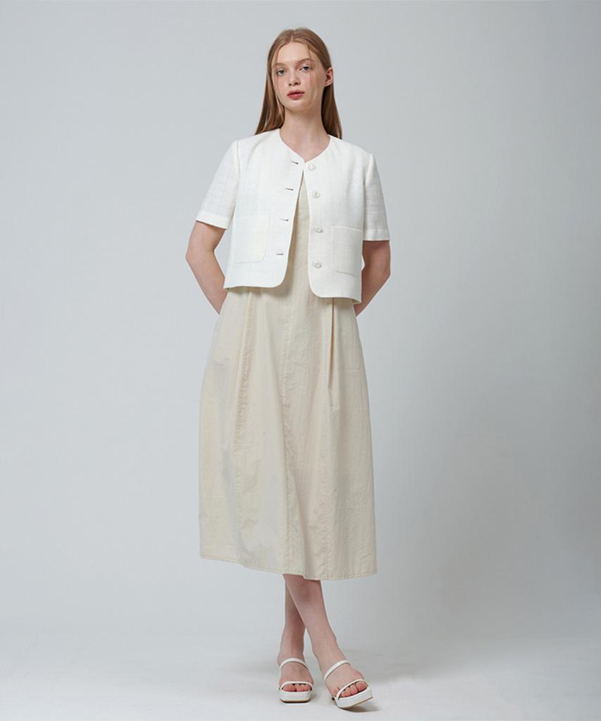 Pin Black Square Neck Pintuck Sleeveless Dress Beige