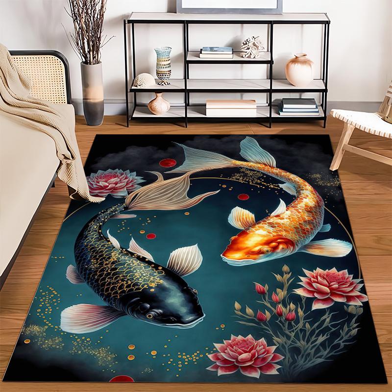 Koi Fish and Lotus Floral Pattern Carpet for Living Room Decor Suitable for Use As an Anti-slip for Living Room Bedroom Sofas