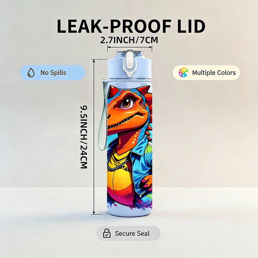 1PC Bright Color Dragon Cartoon Print 750ml Color Plastic Sports Water Bottle Leakproof Flip Straw Lid Suitable for Sports Office Home Use
