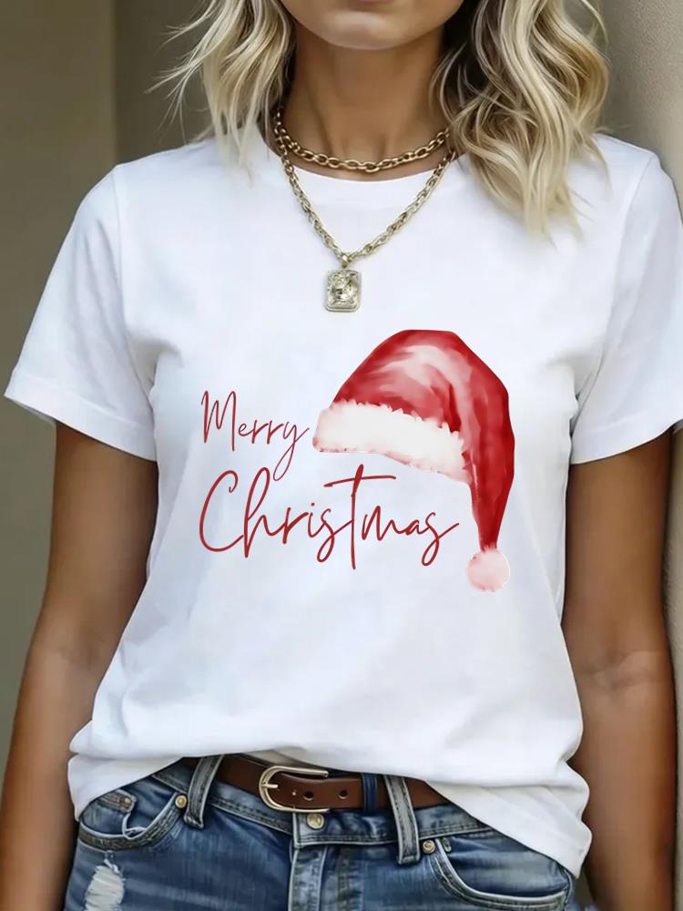 (Asian Size) truck cute Merry Christmas Women's Top Short Sleeve T-shirts O-neck T Shirt Print Fashion Casual New Year Clothing Graphic Tee