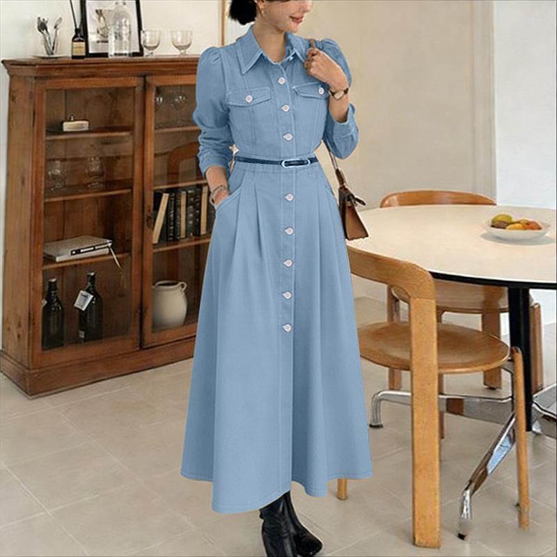 ZANZEA Lässiges Damen-Kleid mit Umlegekragen und langen Ärmeln