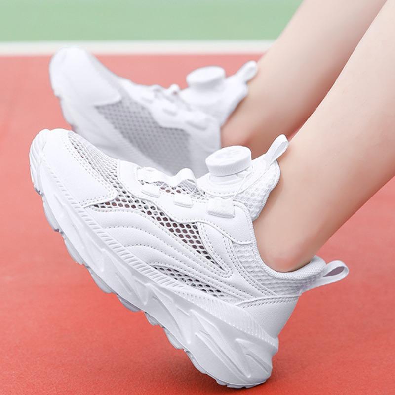 Children's Mesh Rotating Buckle Running Shoes Summer Low-top Hollow Breathable Sports Shoes White Shoes