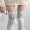 Meias Longas Brancas de Renda com Laço de Fita Veludo Meia de Joelho Feminina Lolita Fofas Doces Meias para Panturrilha Meias de Meia-Perna Femininas Kawai Meias de Cano Alto