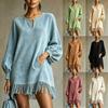 Damen Laternenärmel Rundhalsausschnitt Geschlitzt Locker Kleid mit Saum und Tasche Lässig Entspannter Schnitt Tunika Stil