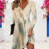 Women Plus Size V Neck Long Sleeve Printed A Line Casual Dress