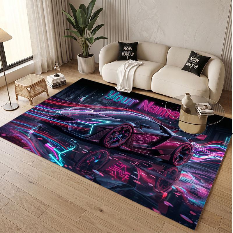 Car Racing Theme Soft Crystal Velvet Rug Custom Name & Text Print Non Slip Floor Rug for Bedroom Living Room