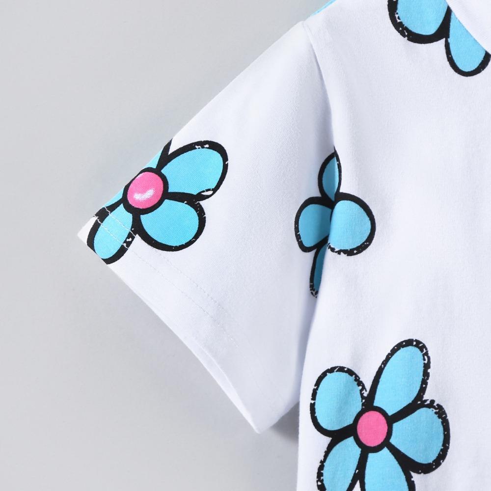2-7 Years Girls Cotton Blend Tops Toddler Casual Kids T-Shirt Cute Flower Print Summer Children Round Neck Short Sleeves Tees