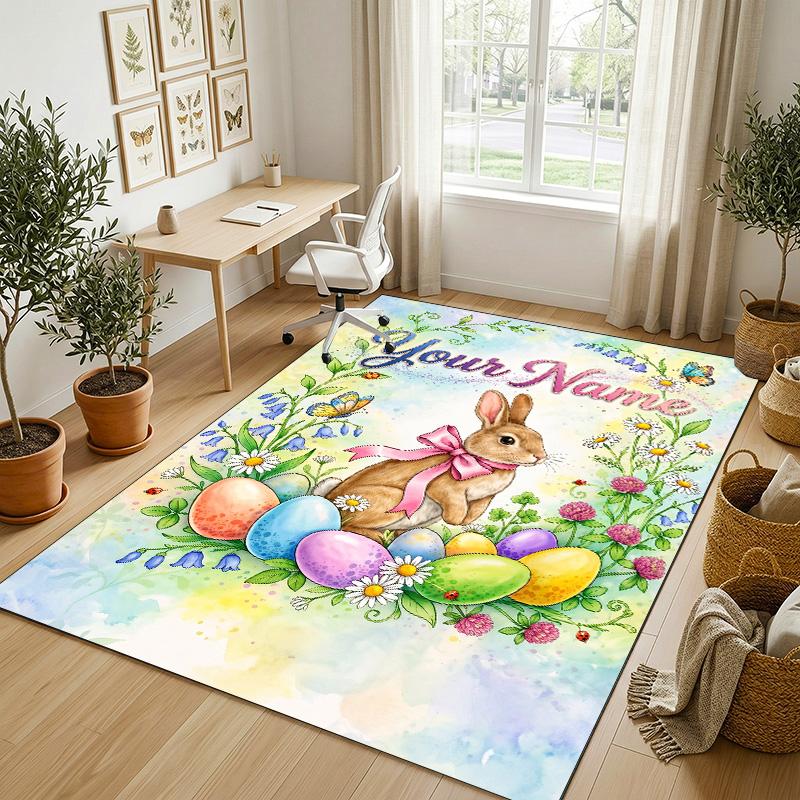 Easter Bunny Theme Crystal Velvet Rug Personalized Custom Name Text Soft Floor Mat Home Decor