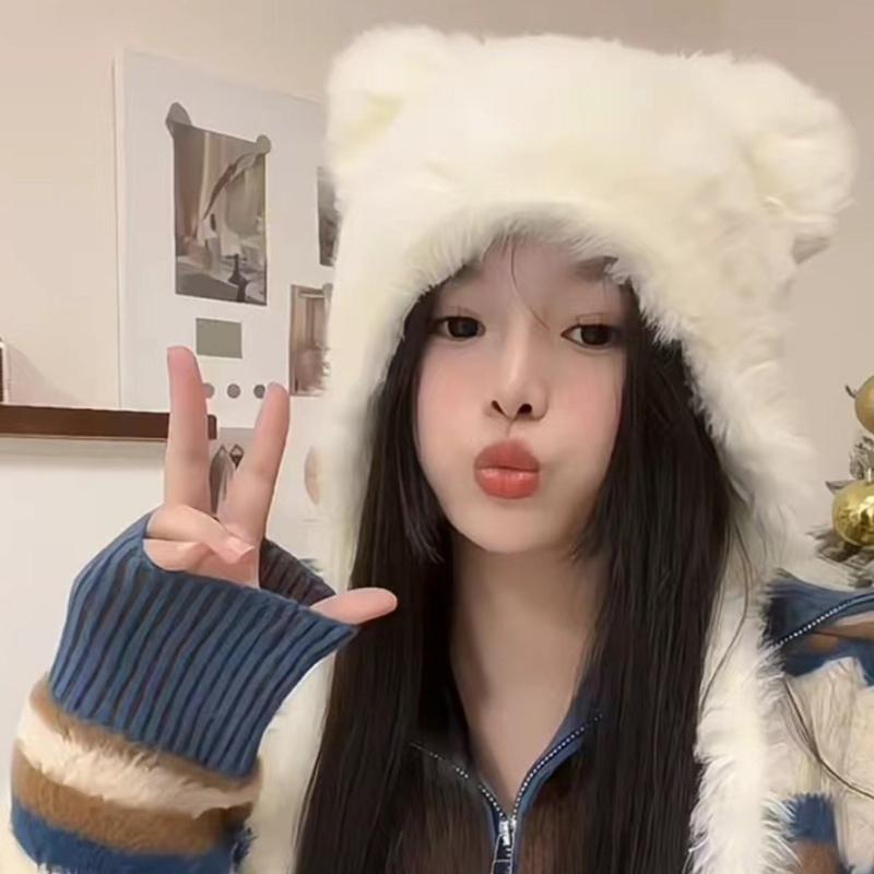 Winter Warm Plush Hat for Women Funny Bear Ear Hat Hooded Skull Hat Outdoor Activity Cap Windproof Headwear Pullover Hat