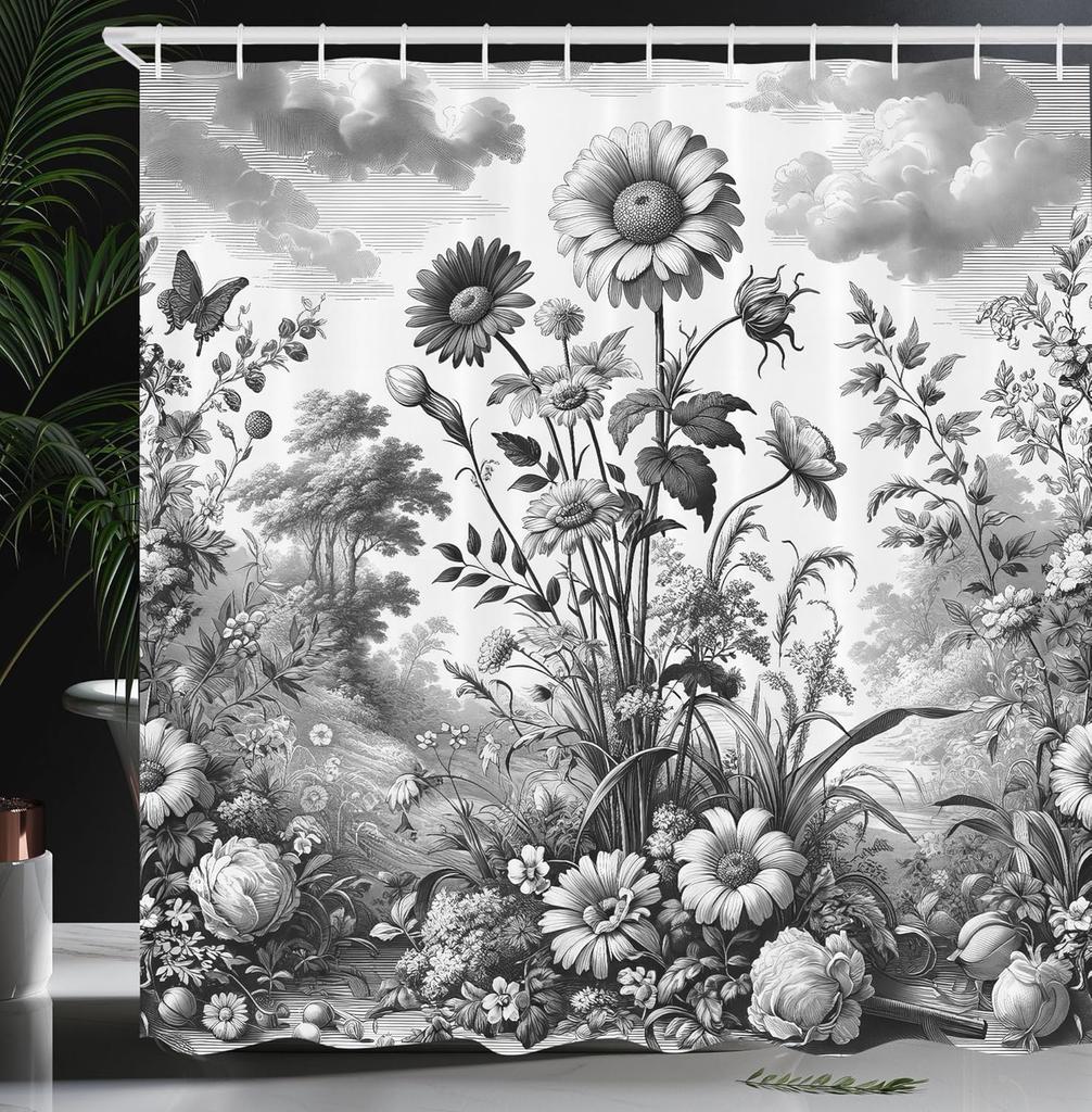 Black And White Shower Curtain Misty Tall Trees Woodland Natural Landscape Fabric Bathroom Decoration Shower Curtain With Hook