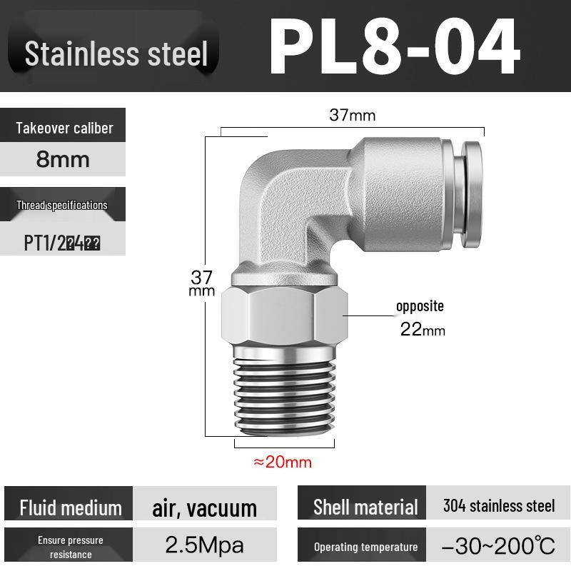 Edelstahl Pneumatischer Luftschlauch Schnellkupplung Winkelstück PC4-01/PL6/8/10/12 Verbinder