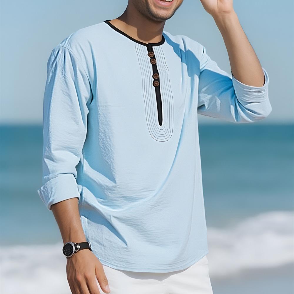 Fashion Henry Collar T-shirt for Men 95% Linen Long Sleeve Top Autumn Loose Leisure Splicing Tshirts Mens Clothing