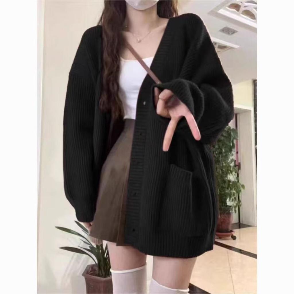 V-neck lazy wind cardigan 2025 new simple sweater women's spring autumn and winter casual loose knitted sweater