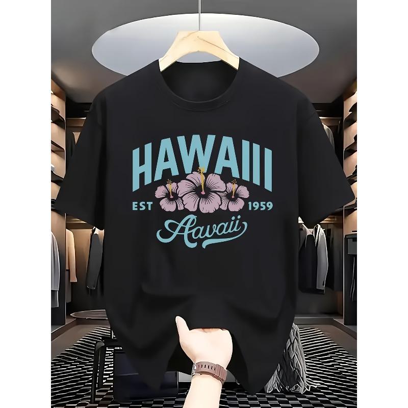 European Size Men's T-Shirt with Hawaii Print & Hibiscus Flower - Short Sleeve Casual Shirt Lettering & Hibiscus with Hawaiian Flower Design