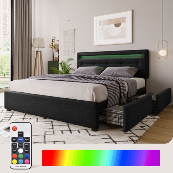 Bettrahmen - MUVOE - 140x200 cm - LED-Beleuchtung - 4 Schubladen - Verstellbares Kopfteil