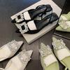 Square Buckle Rhinestone Pointed Shallow Mouth Single Shoes Women'S High Heel Thin Bun Head Back Empty Strap Sandals