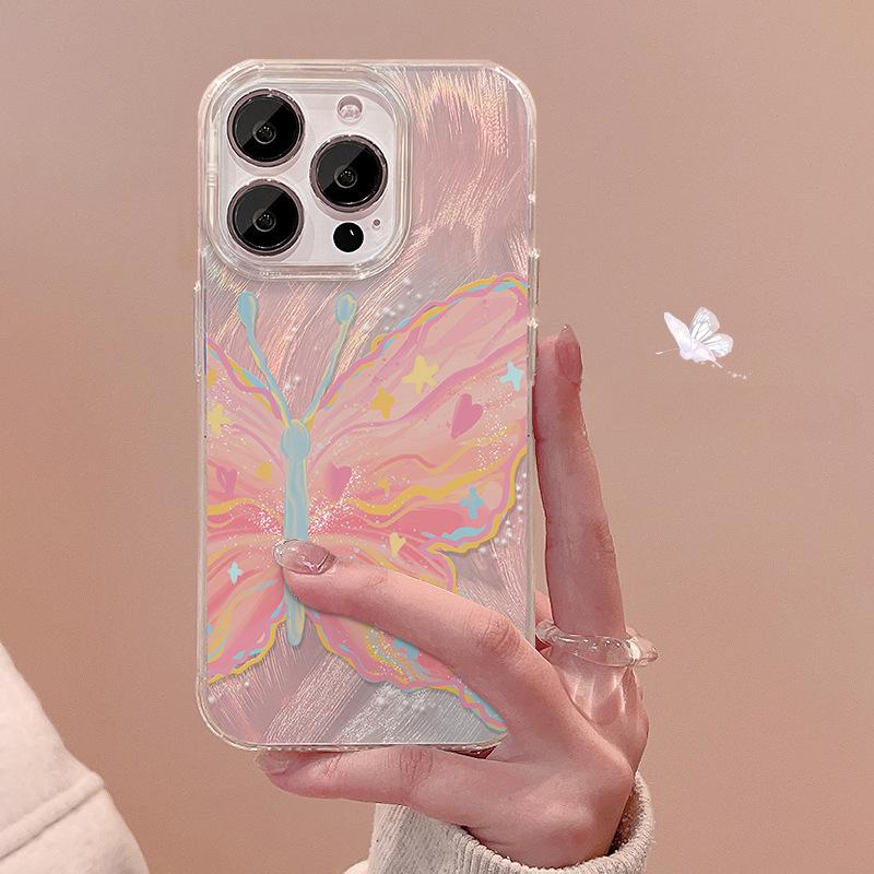 Applicable To Apple 15pro Mobile Phone Case Iphone14/13 Dreamy Pink Butterfly 12 High-end Feather Yarn 8/7P Women
