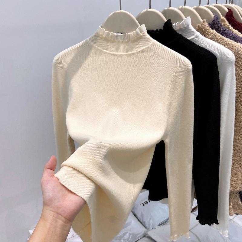 Herbst und Winter Spitzen Halbrollkragen Strick-Basisshirt Damen Weicher Wachsiger Pullover Temperament mit Hochwertigem Langarmtop