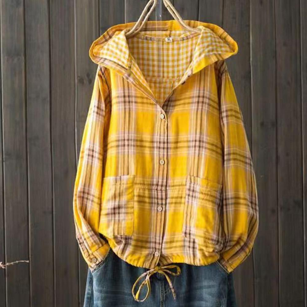 Large Size Blouses for Women Autumn Spring Hooded Long Sleeve Single-breasted Shirts Adjustable Women's Clothing