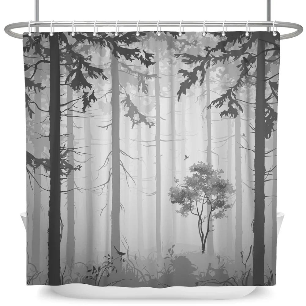 Misty Forest Shower Curtain For Bathroom Nature Mountain Tree Fog Woodland Waterproof Fabric Bathtub Shower Curtain Home Decor