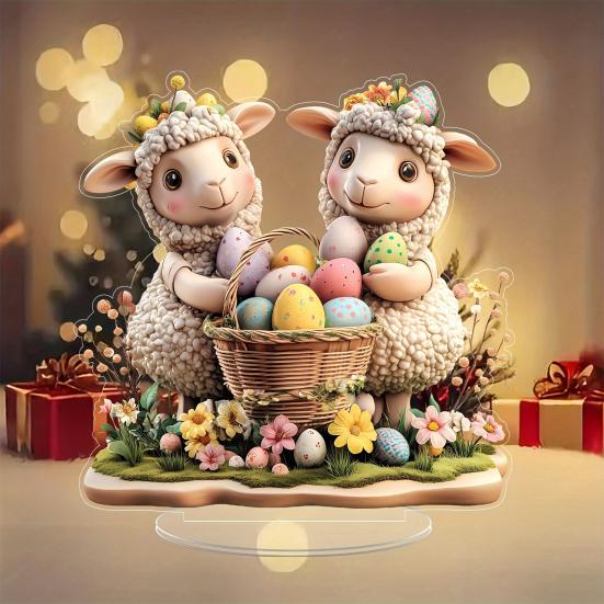 Easter Egg Bunny Ornament 2D Flat Acrylic Decoration Cartoon Rabbit Colored Egg Desktop Ornament for Bookshelf Mantel TV Stand