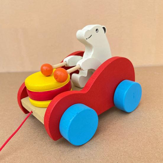 Pull String Wooden Car Toy Toddlers Boys Girls Cartoon Animal Drum Beating Vehicle Toy Educational Motor Skill Early Development Pulling Rope Car Toy