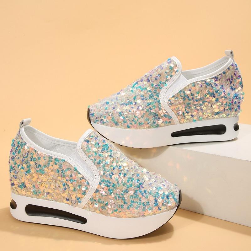 2024 Women's Sequins Platform Sneakers Loafers Casual Slip On Wedge Sports Shoes Fashion Sneakers Walking Trainers