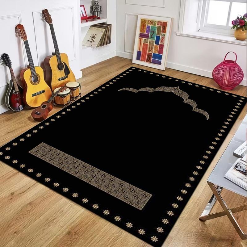Black Gold Islamic Prayer Area Rug Non-slip Floor Mat Muslim Worship Pattern Carpet Home Decoration for Bedroom Living Room