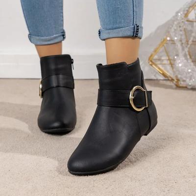 Dames Enkellaarsjes Platte Hak Mode Laarsjes Mode Gespsluiting Rits Casual Schoenen Ronde Neus Effen Dameslaarzen Zapatos Mujer