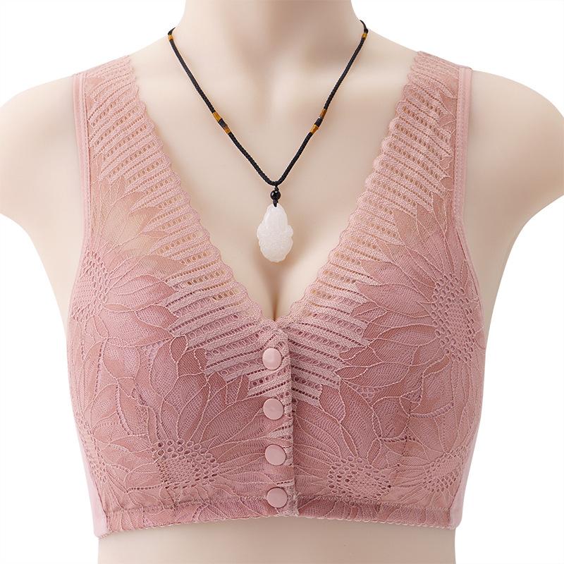Middle Aged and Elderly Large-sized Lace Front Buckle Underwear for Women's Cotton Insertable Vest Without Steel Ring Bra