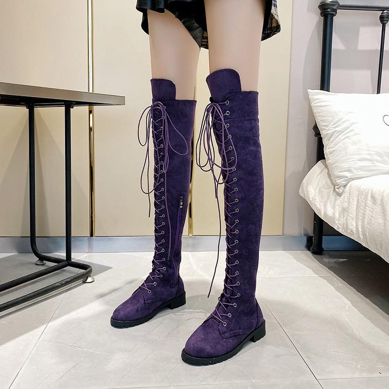 Casual Women's Boots Low Heels Flock Winter Over Knee Boots for Woman 2024 Lace Up Fashion Female Thigh High Boots