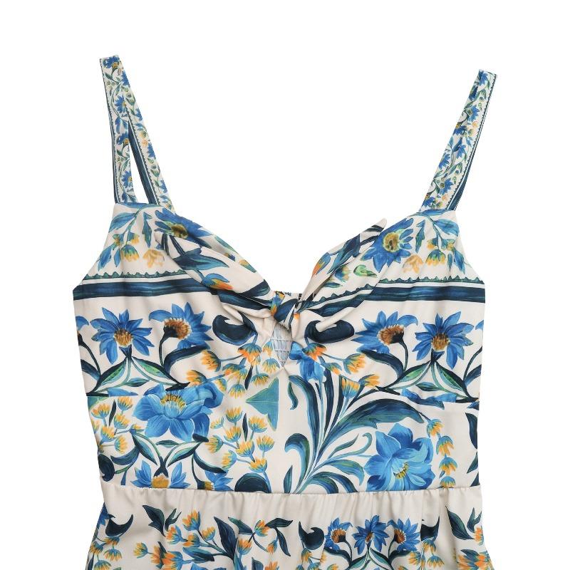 Damenmode, Sommer, Frühling, Blumenmuster, Druck, ärmellos, V-Ausschnitt, hohe Taille, Freizeitkleider