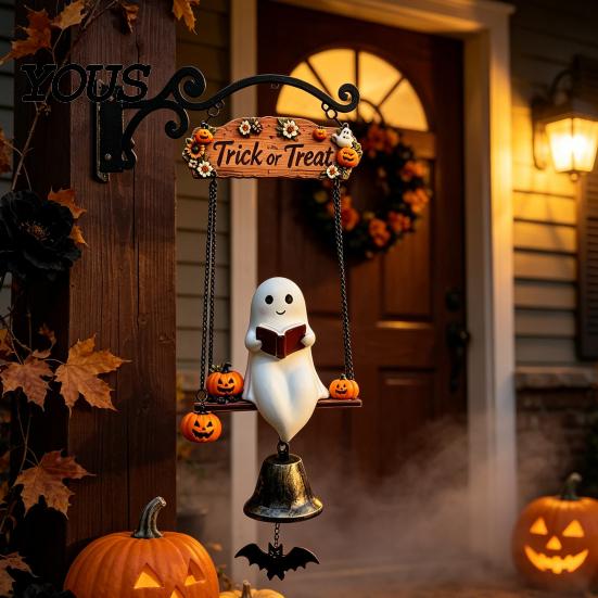 Weather Resistant Yard Ornament Halloween Swing Ghost Doorbell, with Pumpkins Decor, Gothic Style Trick Funny On Decor or Treat Sign, for Farmhouse